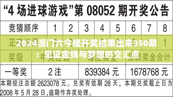 2024澳门六今晚开奖结果出来350期：见证金钱与梦想的交汇点